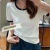Playera de Manga Corta con Cuello U Hilo de Color en Contraste para Mujer Ins Verano Trendy Nuevo Look Holgado Adelgazante Clavícula Versátil Algodón Top