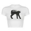 Camiseta feminina manga curta estampada gatinho preto retrô divertida slim fit versátil gola redonda y2g ombro à mostra casual tendência