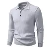 Suéter Masculino de Tricô com Listras Verticais e Gola Polo para Outono, Pulôver Casual de Manga Longa, Suéter Henley Liso