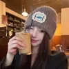 Estilo Coreano Simple y Dulce Etiqueta de Tela de Encaje Gorro de Punto Versátil Otoño e Invierno Gorro de Lana Engrosado Gorro Cálido a Prueba de Viento