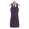 Vestido Regata Curto Feminino Estilo Europeu e Americano Retrô Decote V Profundo Gola Halter Torção no Peito Sem Mangas Justo ao Corpo Cor Lisa