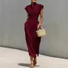 Vestido transfronterizo, vestido de estilo francés para mujer, vestido de color liso a la moda y elegante con cuello alto, mangas pequeñas volantes y diseño que ciñe la cintura