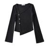2023 Outono e Inverno Novo Slim-fit Manga Comprida Malha Suéter Feminino Pure Desire Wind Irregular Slant Single-breasted Trendy Top