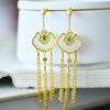 Set Vintage Gongyan de Plata 925 con Jade Hetian Fuyi Ruyi Continuo Cierre Ruyi Pendientes con Borla HTYE0014