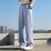 Pantalones Vaqueros de Seda Helada Transfronterizos para Hombre Azul Claro Holgados Lavados Pierna Recta Marca de Moda Cintura Elástica Adelgazantes Casuales Pantalones Largos