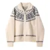 Chaqueta Suéter Jacquard Fair Isle con Cuello para Mujer, 26 Otoño/Invierno Nuevo Estilo Casual Holgado Cremallera Cardigan de Punto Top