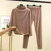 Capa base de manga larga cepillada por ambos lados (De Rong) Conjunto cálido de cuello semi-alto para mujer, talla grande, conjunto de dos piezas de top grueso y pantalones de otoño