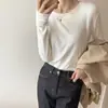 Camiseta Básica de Terciopelo Doble Cara para Mujer, Otoño e Invierno, Manga Larga Cepillada, Forro Polar, Estilo Coreano, Top Blanco con Cuello Redondo