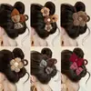 Accesorio para el cabello de pinza de tiburón marrón, de bajo volumen, esponjoso, para peinado semi-recogido, pinza grande de oso para el cabello, pinza de garra con orejas de gato y borla elegante para mujer