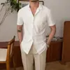 Camisa de manga corta con cuello cubano y waffles de seda helada para hombre, estilo yuppie británico, camisa de verano de media manga para hombre, estilo informal de negocios fino