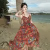 Atuendo de Viaje para Mujer en Yunnan, Vestido de Tirantes con Cuello en V Estilo Étnico, Vestido Largo Elegante con Ajuste en la Cintura Estilo A para Vacaciones en la Costa en Verano