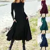 Vestido feminino longo 2025 novo europeu e americano transfronteiriço wish AliExpress comércio exterior manga longa gola redonda cor sólida longo feminino