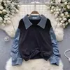 Blusa feminina estilo coreano solta, falsa de duas peças, outono novo, casual, versátil, plissada, costura jeans, suéter listrado
