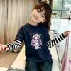 Roupa de Verão para Meninas: Camiseta Estampada Manga Longa Doce e Fofa, Top Patchwork Duas Peças de Verão para Crianças Maiores, Algodão Puro