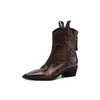 Botas femininas de couro bovino de camada superior com efeito desgastado, novas para outono e inverno, couro genuíno, retrô, bico quadrado, zíper traseiro, salto grosso médio, botas curtas femininas