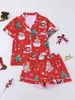 Estilo Europeo Elementos Navideños Cardigan de Pijama Solapa Manga Corta Pantalones Cortos Se Puede Usar Fuera de Casa Conjunto de Ropa para el Hogar Venta al por Mayor