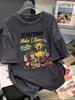 Camiseta de Manga Corta Estampada Estilo Retro Americano Desgastada Lavada de Verano para Mujer Tallas Grandes, Algodón Puro, Cuello Redondo, Top de Moda Versátil
