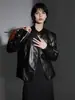 Chaqueta de cuero estilo minimalista con cuello alto, textura vintage de otoño, corte holgado, abrigo corto de hombros caídos, chaqueta de cuero de alta gama para el día a día