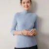 Suéter de luxo 100% cashmere de alta qualidade e leve para mulheres, com gola alta discreta, mangas de três quartos, corte justo e design de malha sem costura em peça única, perfeito como camada base