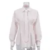 Elegante Camisa Listrada Estampada para o Dia a Dia de Mulheres, Novo Estilo 2025, Gola Reversível, Manga Longa, Design de Laço, Blusa que Marca a Cintura