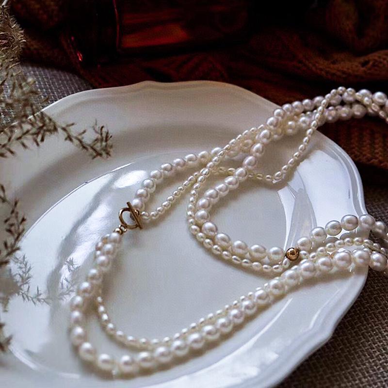 国潮 古风 气质双层大小天然 淡水珍珠 项链 法式