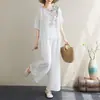 Traje Retro Estampado de Algodón y Lino para Mujer Verano Pulóver Manga Corta Ligero Pantalones de Pierna Ancha Top Adelgazante y Pantalones Traje de Dos Piezas