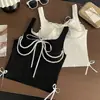 Camisola de Renda Patchwork com Corrente de Pérolas Estilo Francês Puro Desejo para Mulheres, Top de Outerwear Verão com Amarração Menina Picante Nicho