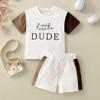 Conjunto de Verão 2025 de Algodão Tricotado com Letra e Estampa Dude, Manga Curta, Bloco de Cores, Camiseta e Shorts para Bebês e Crianças Pequenas