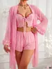 Conjunto de lencería sexy de comercio exterior europeo y americano: camisola de malla transparente, shorts, bata, bordado, ropa de dormir seductora para casa