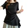 2026 Feminino Plus Size Verão Novo Cintura Marcada com Pregas Barra Irregular Ombro Normal Manga Curta Pulôver Camiseta
