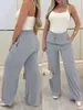Calça larga de novo estilo, imitação de algodão e linho, cintura média, modelagem que afina, cintura elástica com cordão, calça casual, calça longa reta feminina atacado