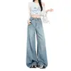 Tacto de seda helada, tejido Tencel duradero y versátil, diseño de botón en bolsillo trasero, jeans de pierna ancha para mujer, compatible con envío directo