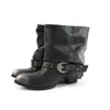 Versión de Piel de Vaca~Botas Vaqueras Occidentales Plisadas Estilo Retro Francés Botines para Mujer Tacón Grueso Hebilla de Cuero Remaches Punta Fina Botas para Pantalón