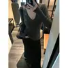 Elegante top de punto fino de manga larga estilo coreano para mujer, principios de otoño, talla petite, camiseta básica blanca casual ajustada