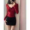 Camiseta Básica com Senso de Design Feminina Outono e Inverno 2024 Gola U Pequena Slim Fit Manga Longa Camiseta Hot Girls Sexy Estilo Puro Top