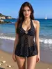 Bikini de dos piezas para mujer con lunares amarillo crema, estilo halter, cruzado europeo y americano, cubre abdomen, shorts de estilo boyleg con falda de malla