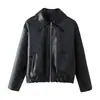 Jaqueta de Couro PU Nova Primavera e Outono Feminina Estilo Americano Retrô Solta Gola Lapela Casual Zíper Jaqueta Cardigan