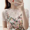 Camiseta de Encaje Fina de Manga Corta Ningxinyi, Top Básico de Cuello Redondo, Camisa de Encaje Pullover para Mujer