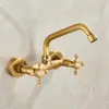 Grifo de Latón Antiguo Estilo Europeo para Balcón Bañera Todo Cobre Tipo Pared Cocina Agua Caliente y Fría Salida de Agua de Pared Barra Única Doble Agujero