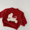 Suéter Infantil Mabao 2026 Inverno Novo Unissex Jacquard Cachorrinho Tricô para Criança Gola Redonda Roupa Íntima Vermelha