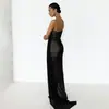 Verão 2026 Novo Simples Sexy Transparente Decotado Alça Fina Vestido Temperamento Garota Popular Longo até o Chão Renda Longo Vestido Mulheres