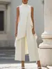 Moda europea y americana 2026 estilo nuevo, diseño irregular de corte ajustado para ir al trabajo, conjunto de dos piezas de pantalones de pierna ancha en capas sin mangas de cuello alto