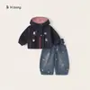 Camiseta de manga raglán Bangxuan para niños, jeans de estrellas, chaqueta con capucha, conjunto de tres piezas para niñas, atuendo moderno para niños