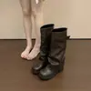 Botas de caña alta estilo nuevo, retro, con suela gruesa, con hebillas de cinturón, tacón grueso, botas de montar, botas de otoño/invierno para mujer, negras, punta redonda
