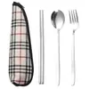 Palillos y Cucharas de Acero Inoxidable 304 Seleccionados Cuidadosamente, Juego de Vajilla Portátil Estilo Coreano, Juego de Tres Piezas para Viaje con Bolsa de Tela, Tenedor, Cuchara y Palillos
