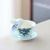 Jade Rojo Montaña Barro Blanco Porcelana Blanca Pintado a Mano Flor Azul Pequeña Gradiente Azul Cerámica Gaiwan Juego de Té Kung Fu Hogar Taza de Té Delgada