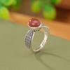 Anillo abierto estilo étnico de marea nacional con forma de oreja de trigo antigua, estilo retro sureño, de plata de ley S925 con forma de huevo hueco y diseño de ciervo.