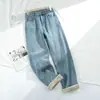 Jeans Reto Azul Feminino Calças de Perna Larga Outono Cintura Alta Cobrindo o Quadril Emagrecimento Adequado para Corpo Tipo Pera Calças Outono e Inverno
