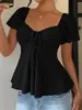 2026 Verano Nuevo Amazon TUME Estilo Europeo y Americano Cuello en V Cordón de Ajuste Manga Corta Sexy Color Sólido Camiseta para Mujer