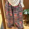 Pantalones de pierna ancha a cuadros retro de gasa de doble capa para mujer, pantalones de casa a cuadros con bloques de color, pantalones de pijama holgados casuales